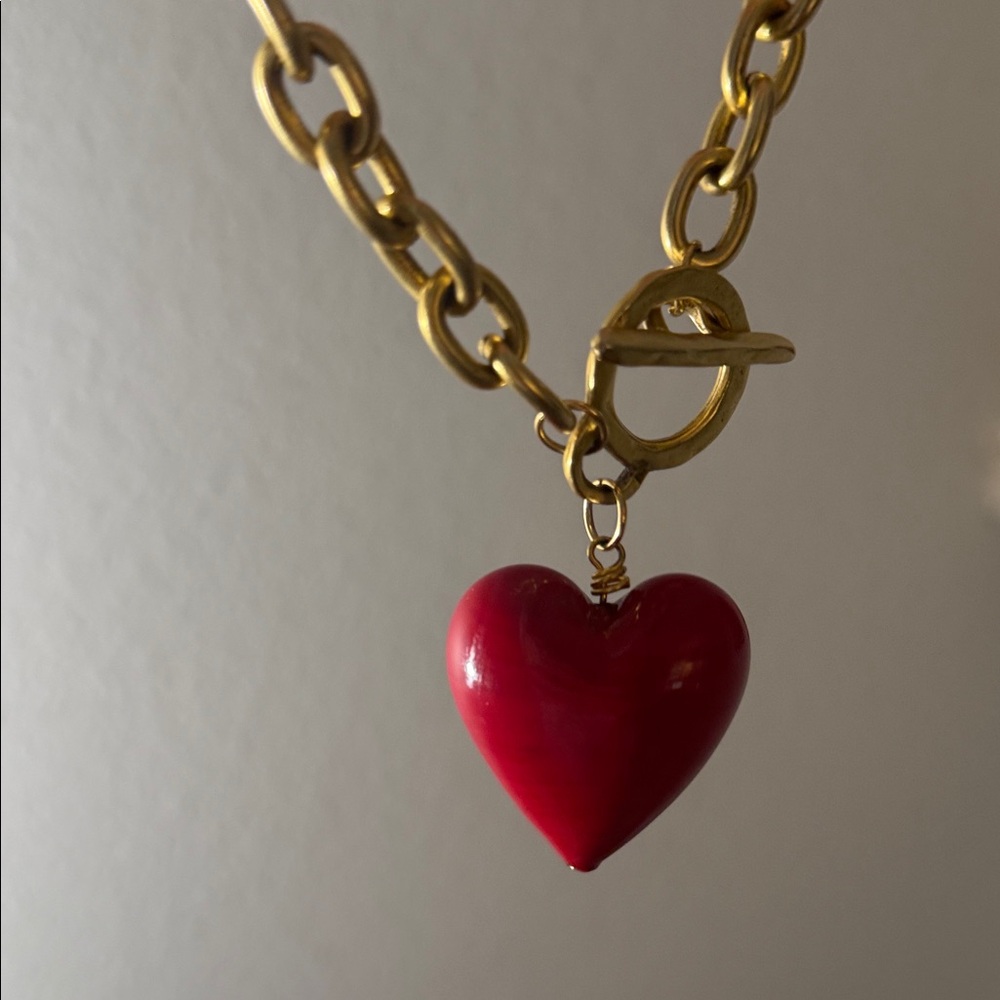 Chic and Chunky Gold Necklace with Red Heart Pendant from Wolf & Badger - Picture 3 of 6